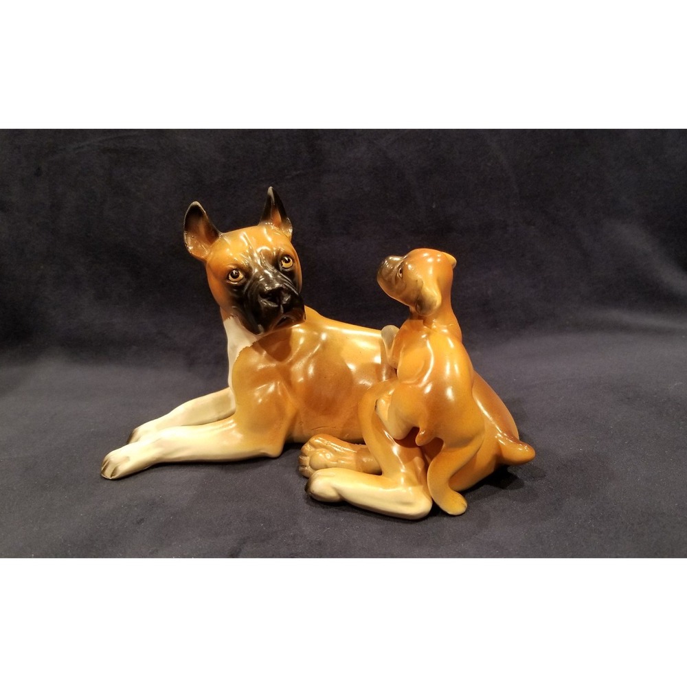 Vintage American BOXER Dog with Puppy Porcelain Ceramic Figurine 4" x 6.5"